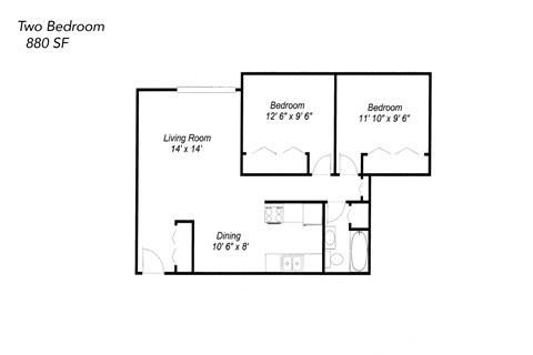 Floor plan for 2 beds, 1 bath, 882 sqft